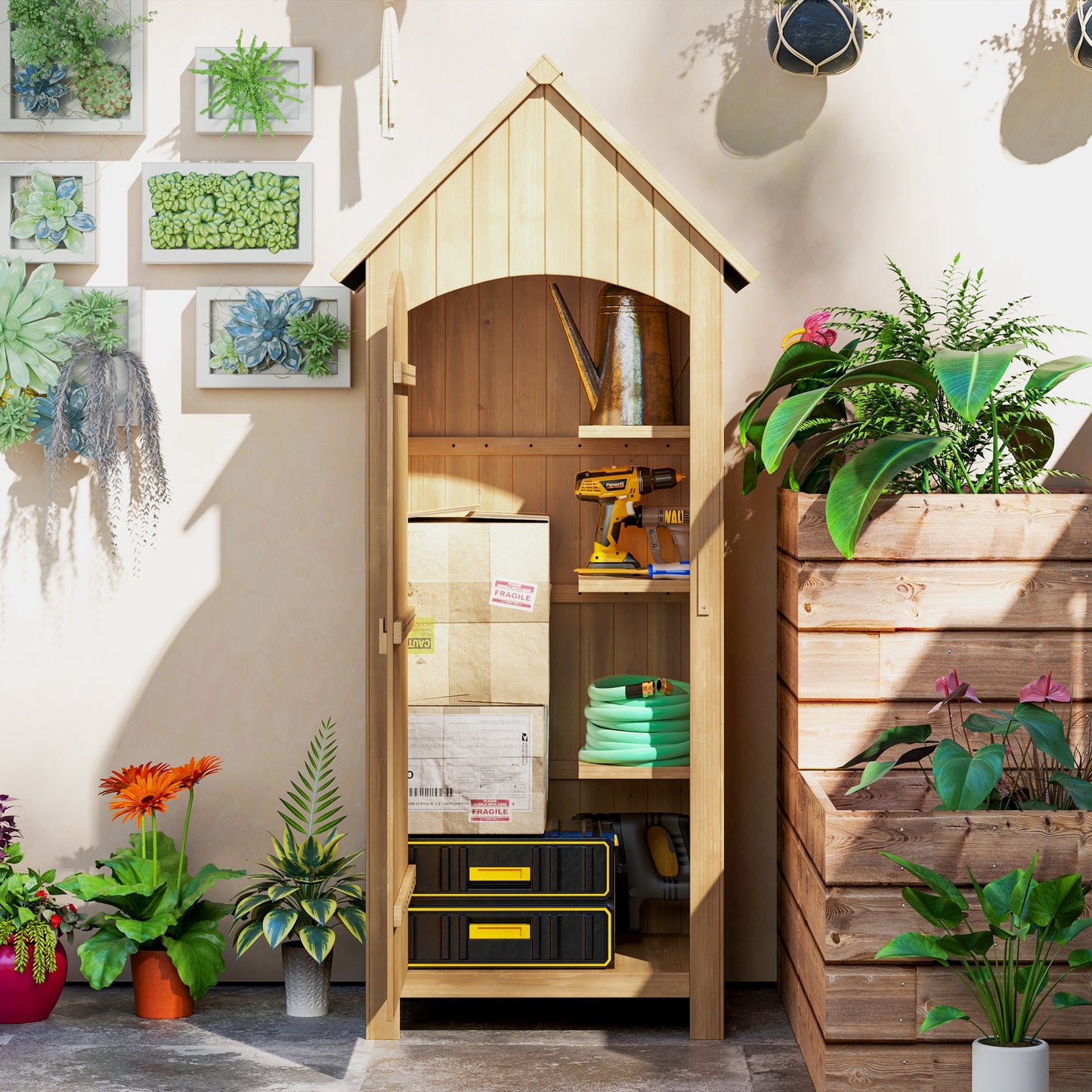 Wooden Garden Storage Shed with 3 Shelves, Outdoor Tool Storage Cabinet with Tilt Roof and Lockable Door