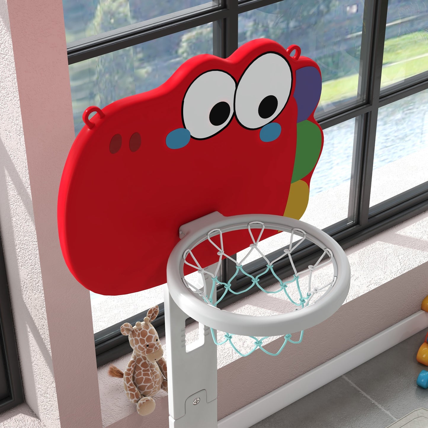 5-in-1 Dinosaur Basketball Set with Adjustable Basketball Stand and Golf Game, Indoor for Boys Girls, Red
