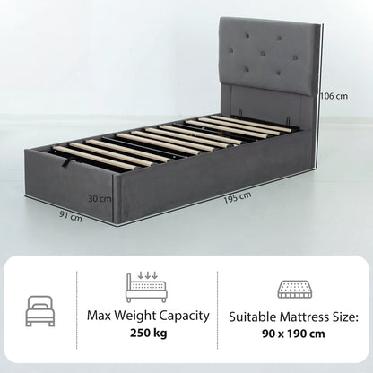 Single Bed Frame Gas End Lift Under Bed Storage Upholstered Platform Bed Tufted Headboard for 90 x 190 cm Mattress