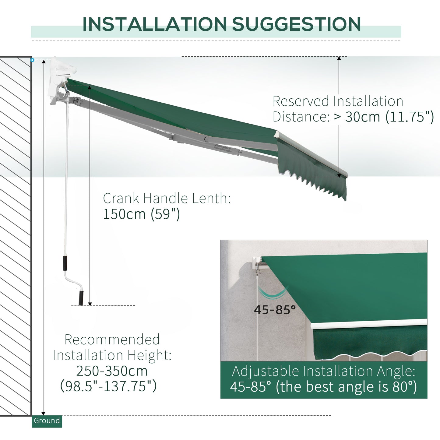 Awning Canopy Manual Retractable Porch Sun Shade Shelter 3 x 2m Green