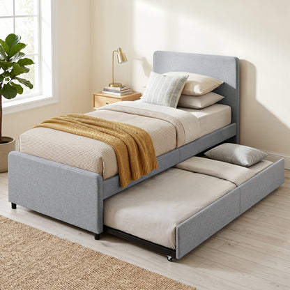 3ft Single Bed Frame with Trundle, Upholstered Pull Out Trundle Bed with Headboard and Footboard, Light Grey