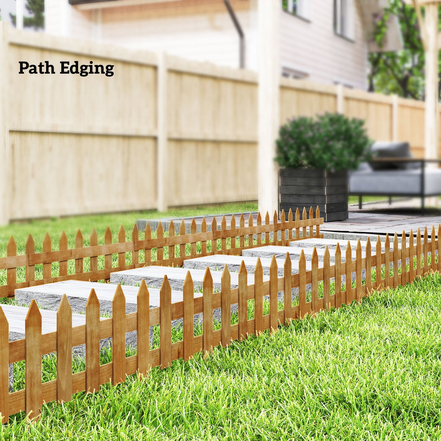 Pack of 12 Wooden Border Fences, Garden Fixed Picket Fence for Lawn Edging, Flowerbed, 60L x 1D x 34H cm, Brown