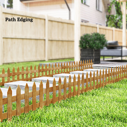 Pack of 12 Wooden Border Fences, Garden Fixed Picket Fence for Lawn Edging, Flowerbed, 60L x 1D x 34H cm, Brown