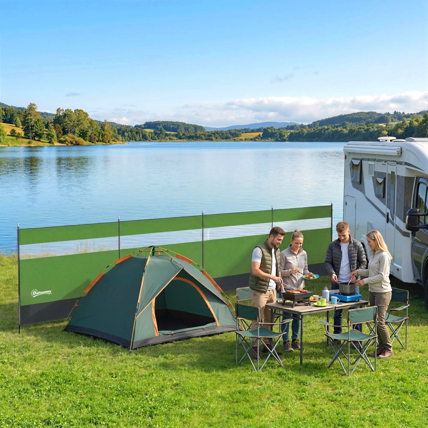 Camping Windbreaker with Clear Windows, Carry Bag and Steel Poles, for Beach Caravan Campervan, 725 x 140cm, Army Green