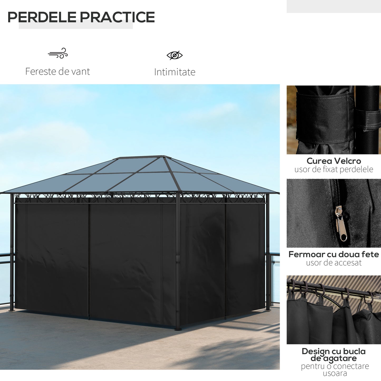 Hardtop Gazebo Garden Pavilion w/ UV Resistant Polycarbonate Roof, Curtains, Steel & Aluminium Frame, 3 x 4(m), Grey