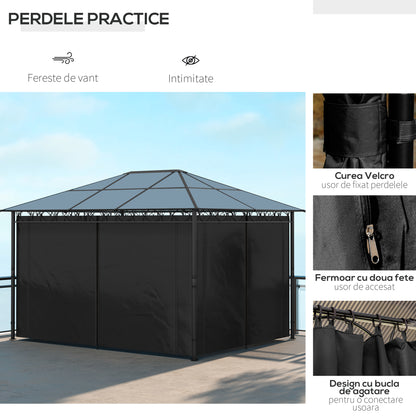 Hardtop Gazebo Garden Pavilion w/ UV Resistant Polycarbonate Roof, Curtains, Steel & Aluminium Frame, 3 x 4(m), Grey