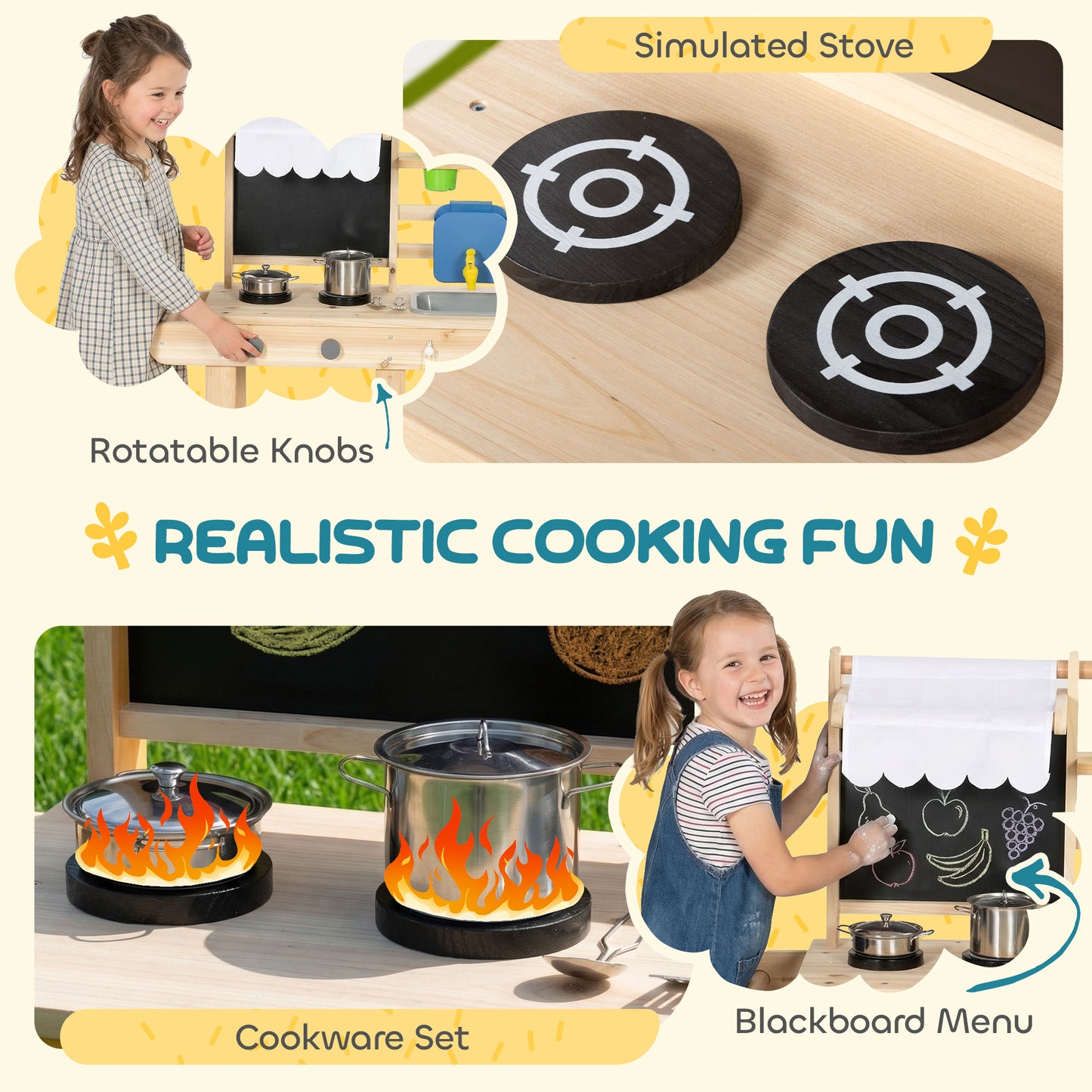 Mud Kitchen with Real Water Faucet Pretend Play Kitchen Playset with Sink and Storage Natural Wood