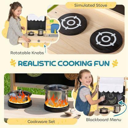 Mud Kitchen with Real Water Faucet Pretend Play Kitchen Playset with Sink and Storage Natural Wood