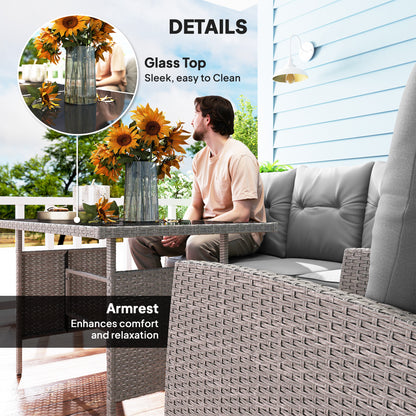 7 Seater Rattan Garden Furniture Set, 6 Piece Patio Dining Set, Armchairs, 3-Seater Sofa, Footstools, Glass Dining Table