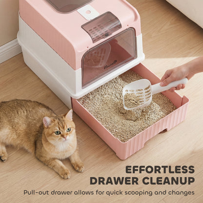 Enclosed Cat Litter Box with Lid, Pull-Out Drawer Tray, Scoop, 4 Deodorisation Bags, Front Entry & Top Exit, Pink