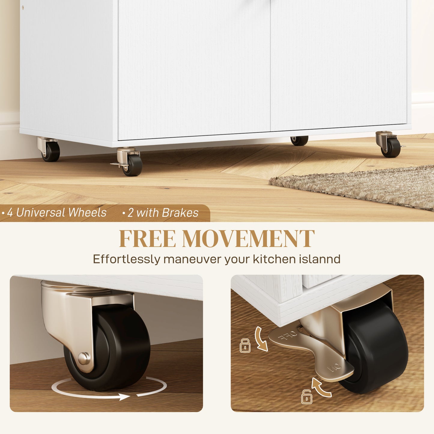 Rolling Kitchen Island with Drop Leaf, Kitchen Storage Cart with Drawer, Spice Rack and Towel Rack, White