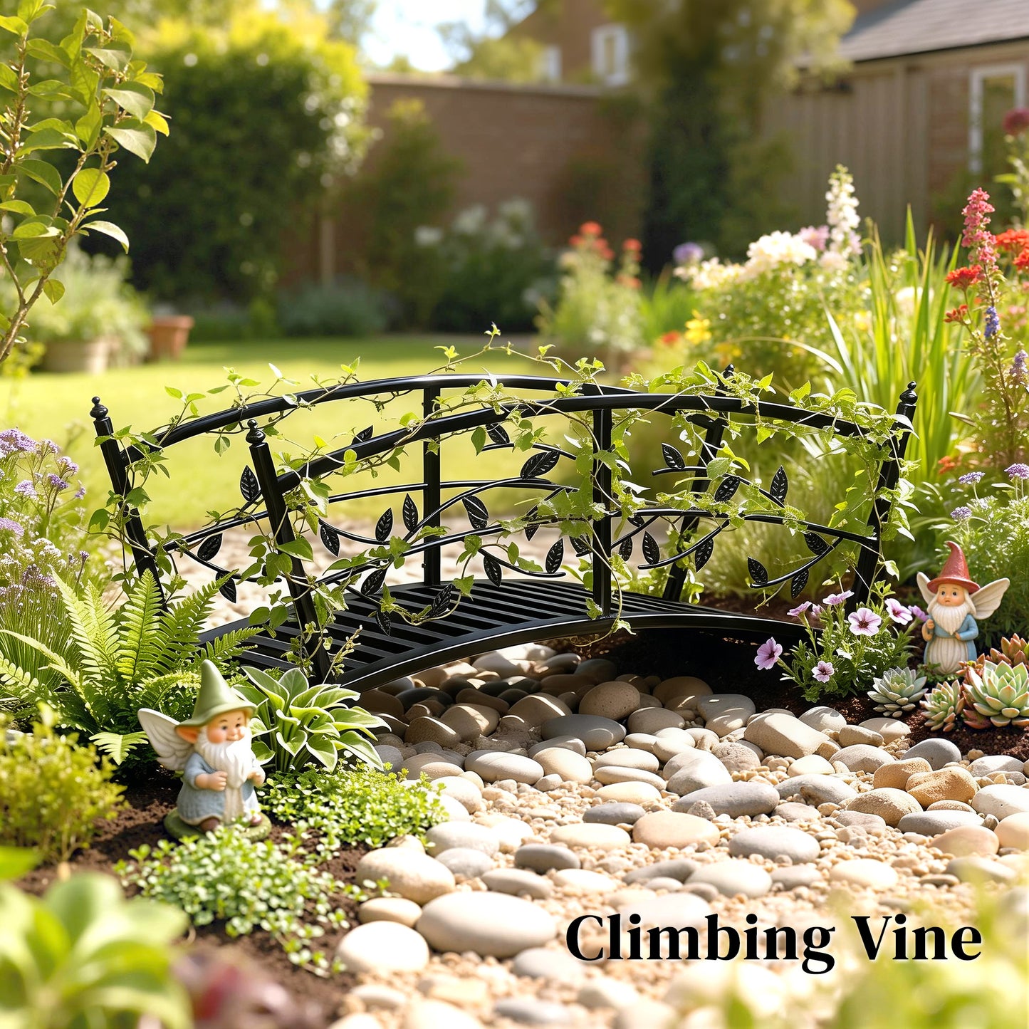 1.2M Metal Garden Bridge with Safety Railings, Outdoor Pond Bridge, Arch Decorative Footbridge for Creek Stream