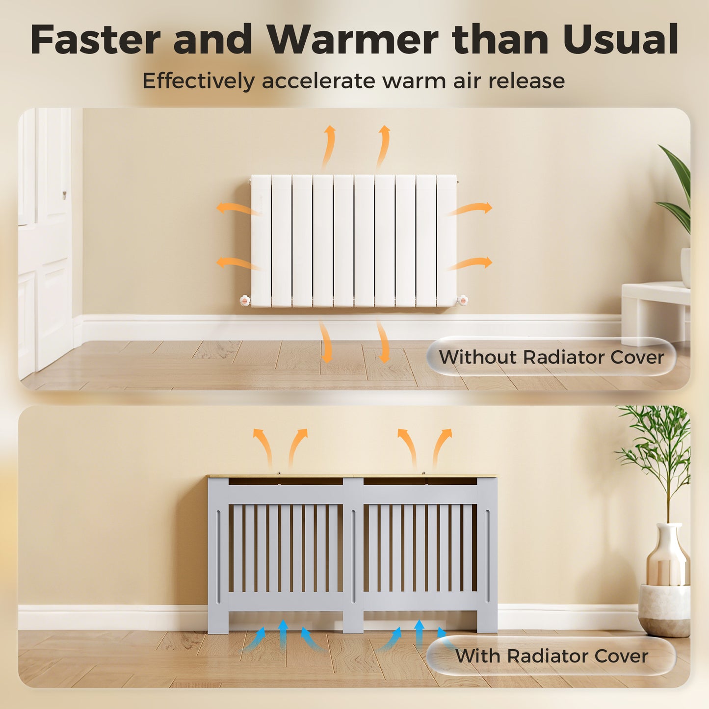 Slatted Radiator Cover, Painted Cabinet with Line Grill Design, 152L × 19W × 81H cm, Grey
