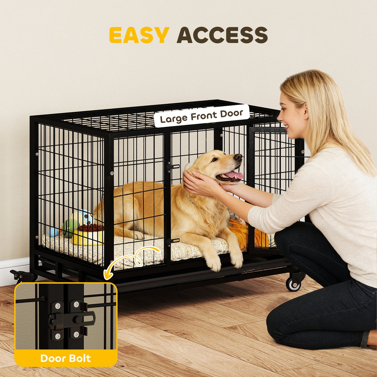 36" Heavy Duty Metal Dog Crate Pet Cage with Tray Wheeled Dog Kennel - Black (Medium)