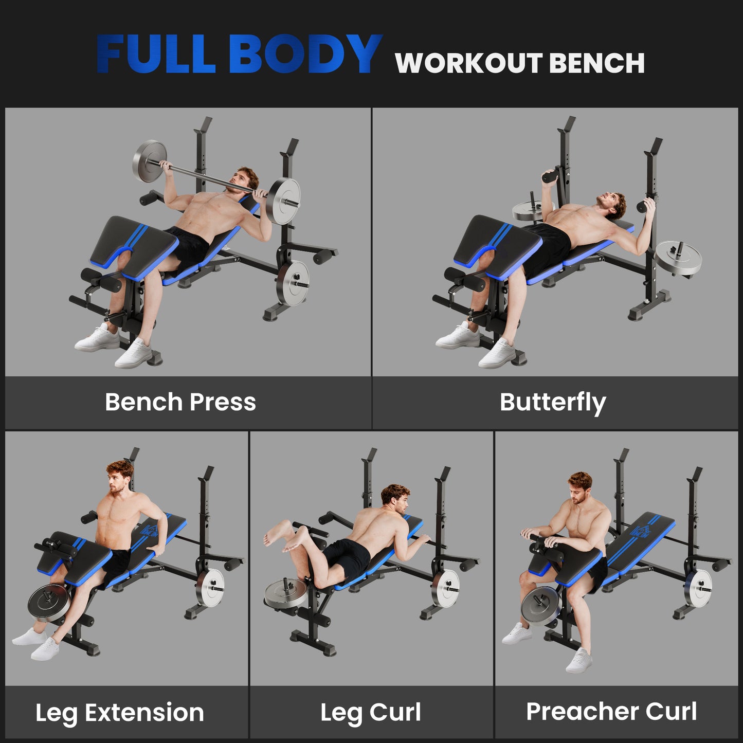 Adjustable Weight Bench with Leg Extension, Barbell Rack, Preacher Curl Pad, Butterfly