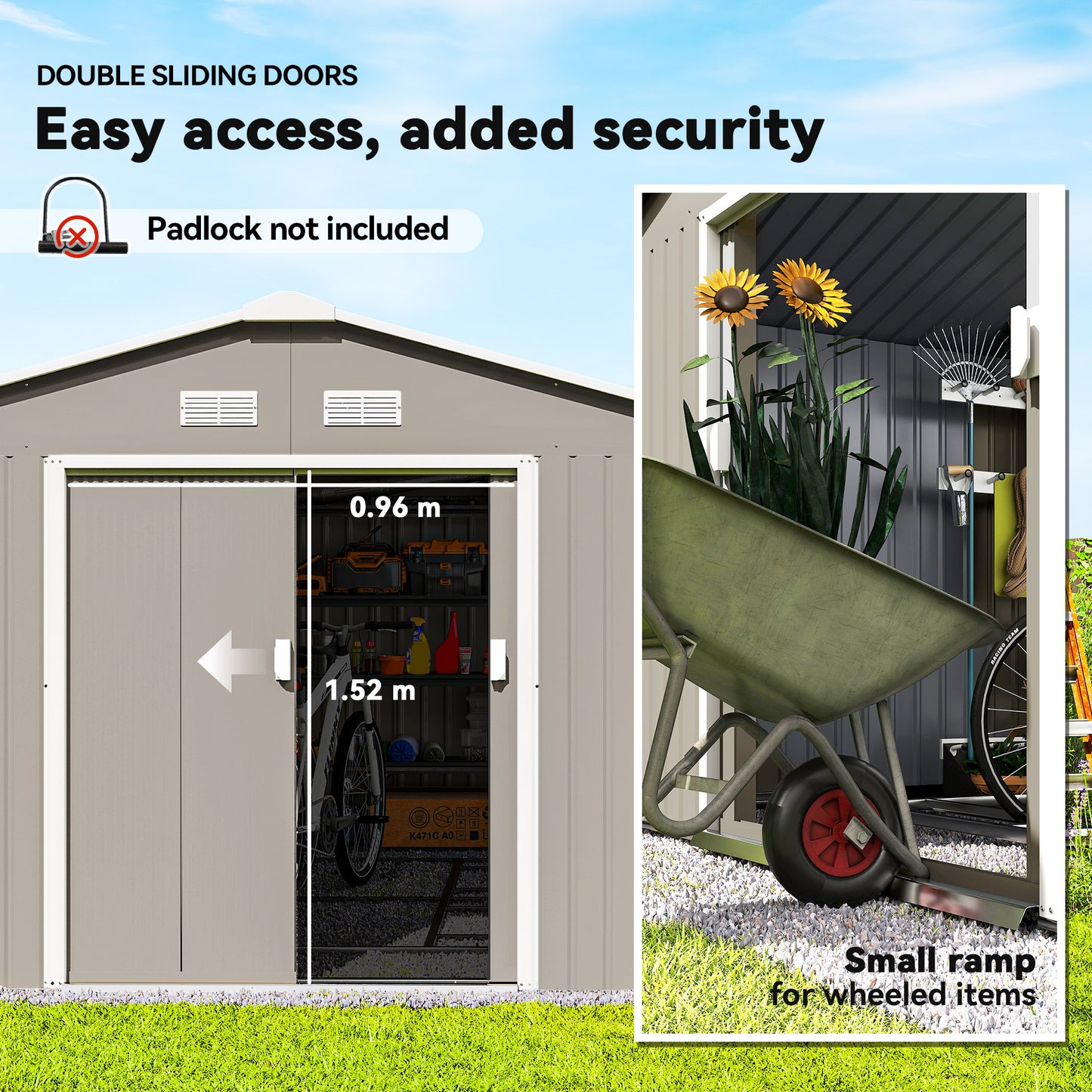 13 x 11ft Large Garden Shed, Mental Garden Storage Shed with Foundation Kit Ventilation & Doors, Light Grey
