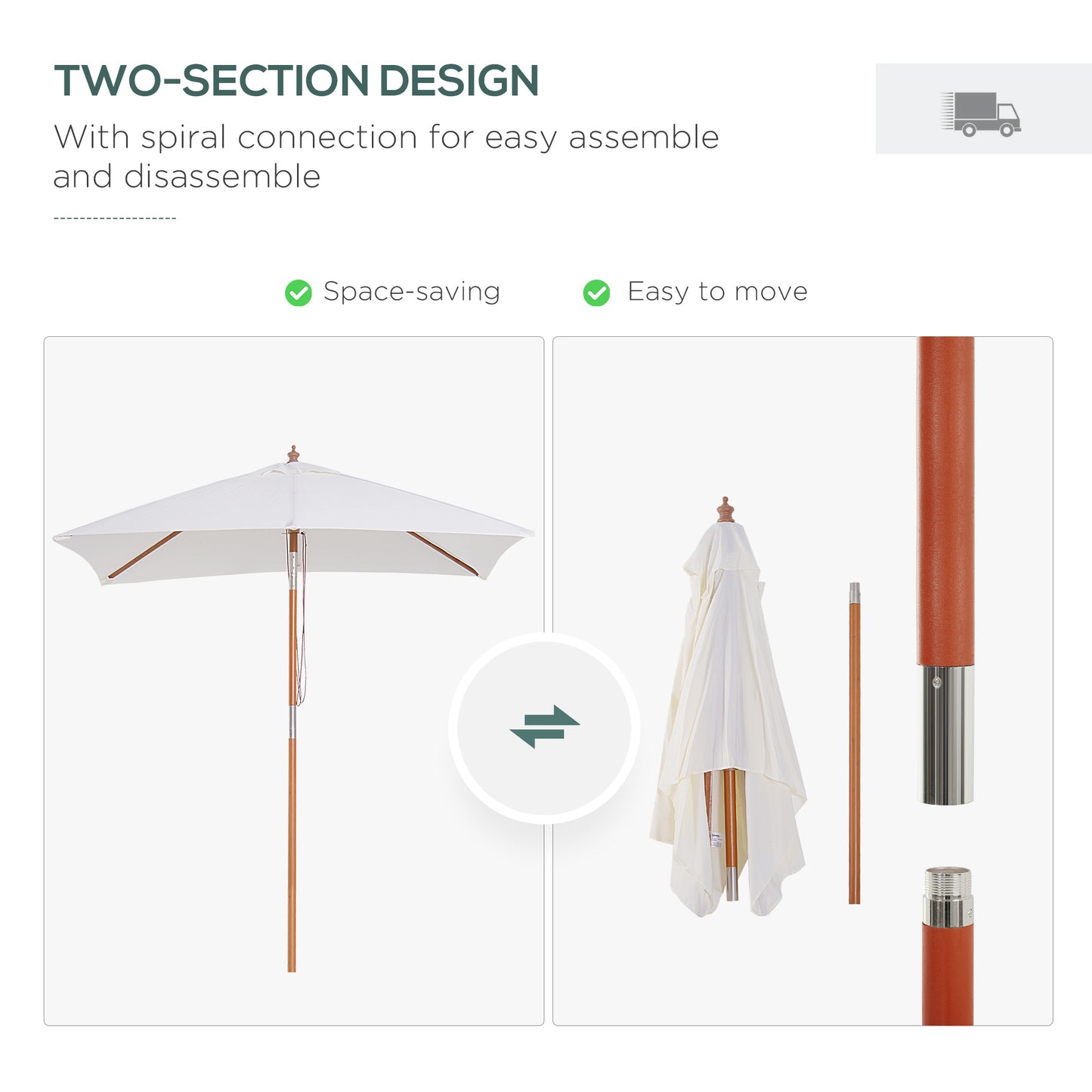 2m x 1.5m Garden Parasol Umbrella with Tilting Sunshade Canopy, Outdoor Market Table Umbrella with Wood and Bamboo Frame