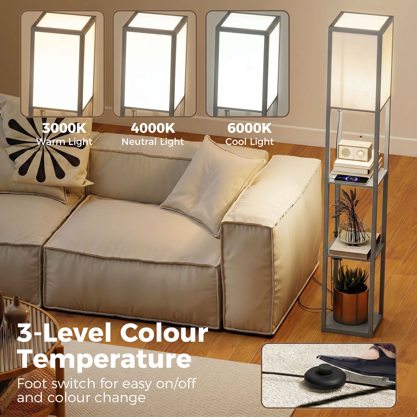 Floor Lamp with Shelves, 3 Layer Column Modern Standing Lamp for Living Room, Bedroom, Office, Grey