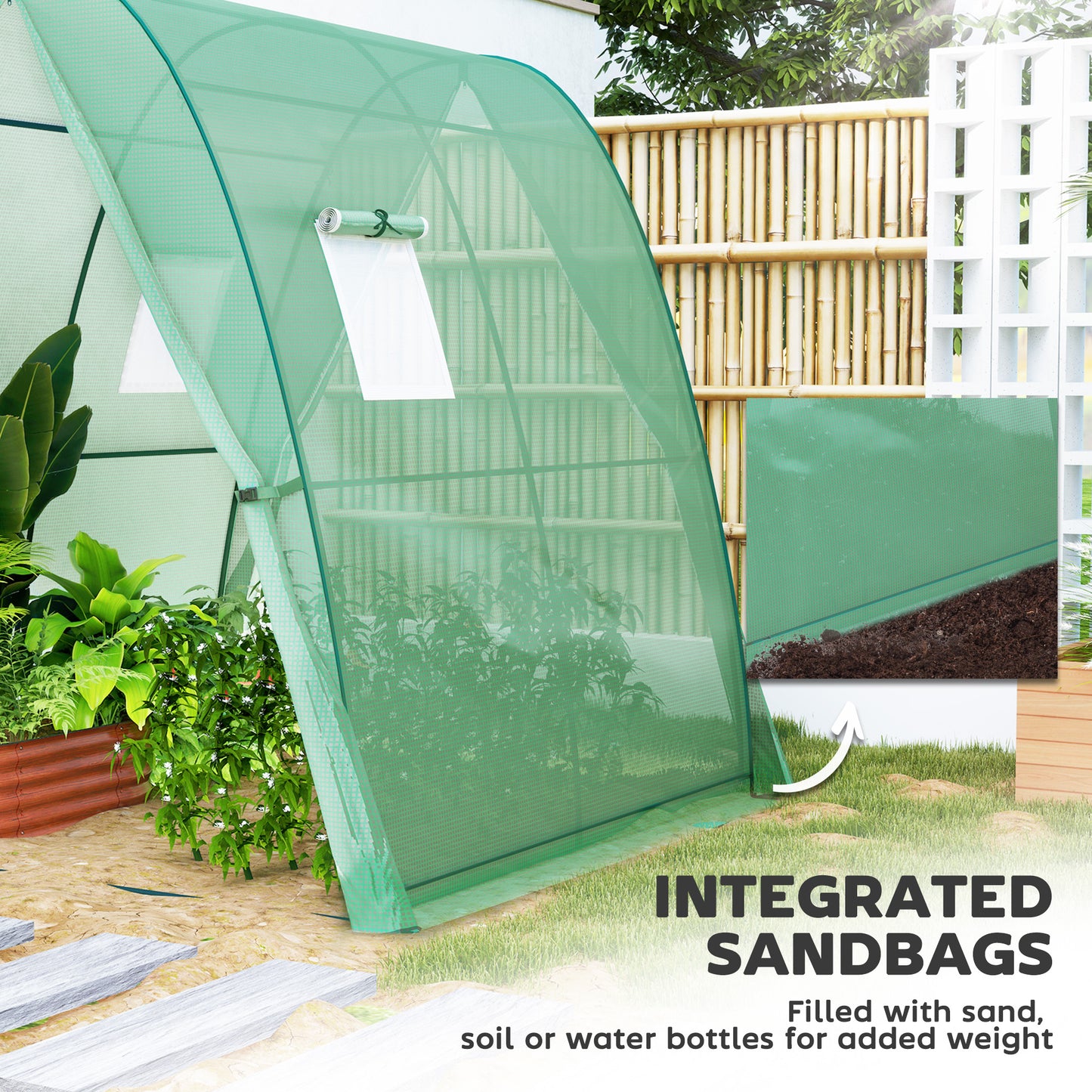 Polytunnel Greenhouse with Sandbags, Walk-In Tunnel Green House with 2 Doors and Screen Windows, 1.8 x 1.8 x 2m, Green