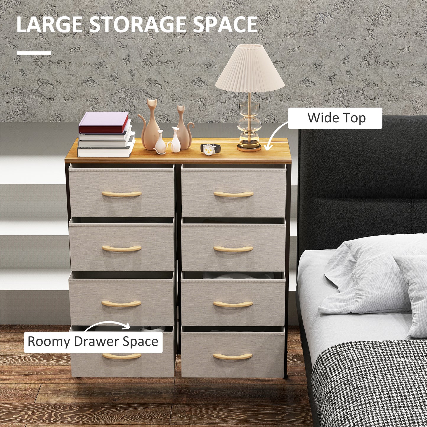 Fabric Chest of Drawers, Industrial Bedroom Dresser with 8 Fabric Drawers, Steel Frame and Wooden Top for Nursery