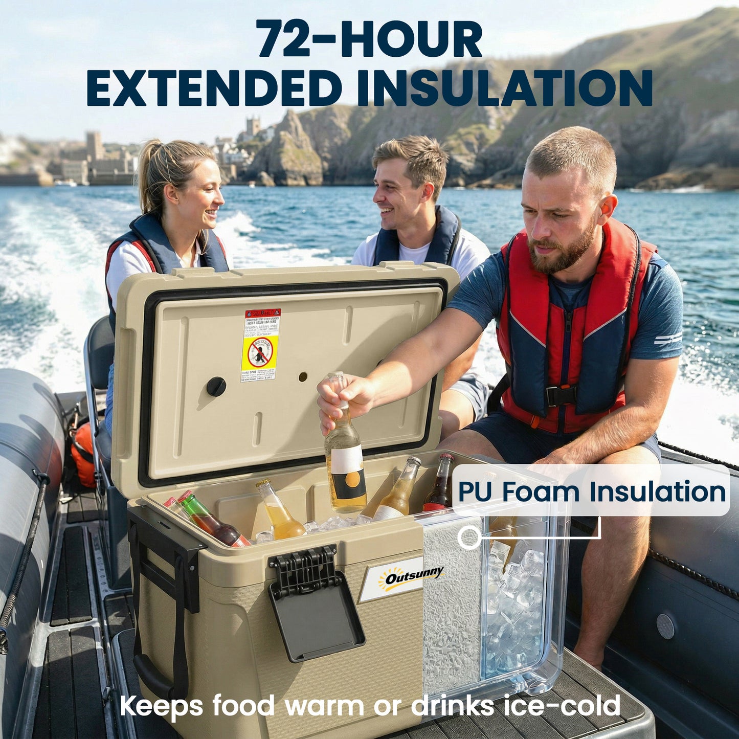 42.6L Insulated Cool Box, Lightweight Portable Ice Cooler with Handle, Lid and Drain Valve, Khaki