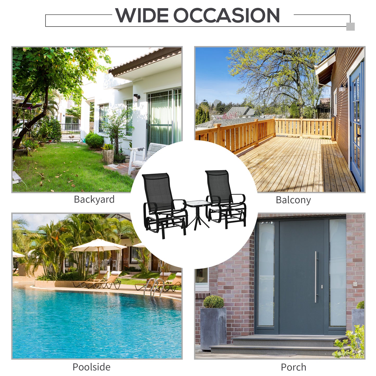 3 Pieces Garden Gliding Chair Set, Metal Frame 2 Single Armchair Swing Seater and 1 Glass Top Coffee Table w/ Breath Mesh Fab