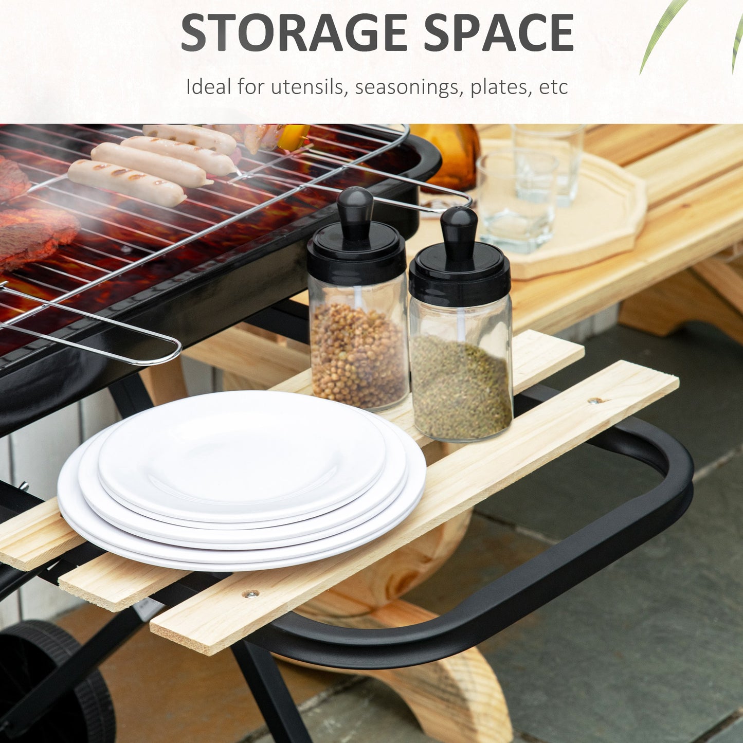 Charcoal Trolley BBQ Barbecue Grill Patio Camping Picnic Garden Party Outdoor Cooking with Windshield and Wheels Side Trays