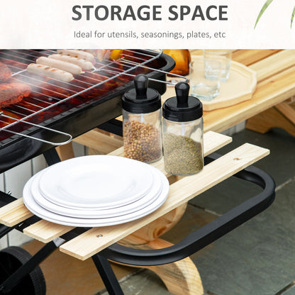 Charcoal Trolley BBQ Barbecue Grill Patio Camping Picnic Garden Party Outdoor Cooking with Windshield and Wheels Side Trays