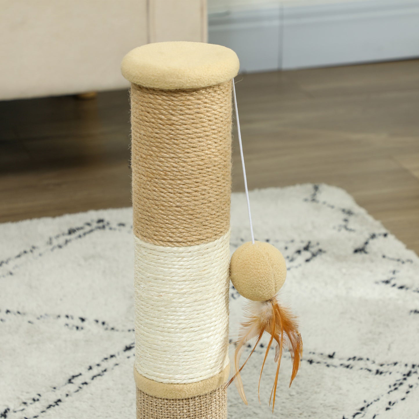 Cat Scratching Post for Indoor Cats, 47cm Tall Cat Scratcher with Jute Sisal Rope, Hanging Toy Ball, Feather, Brown