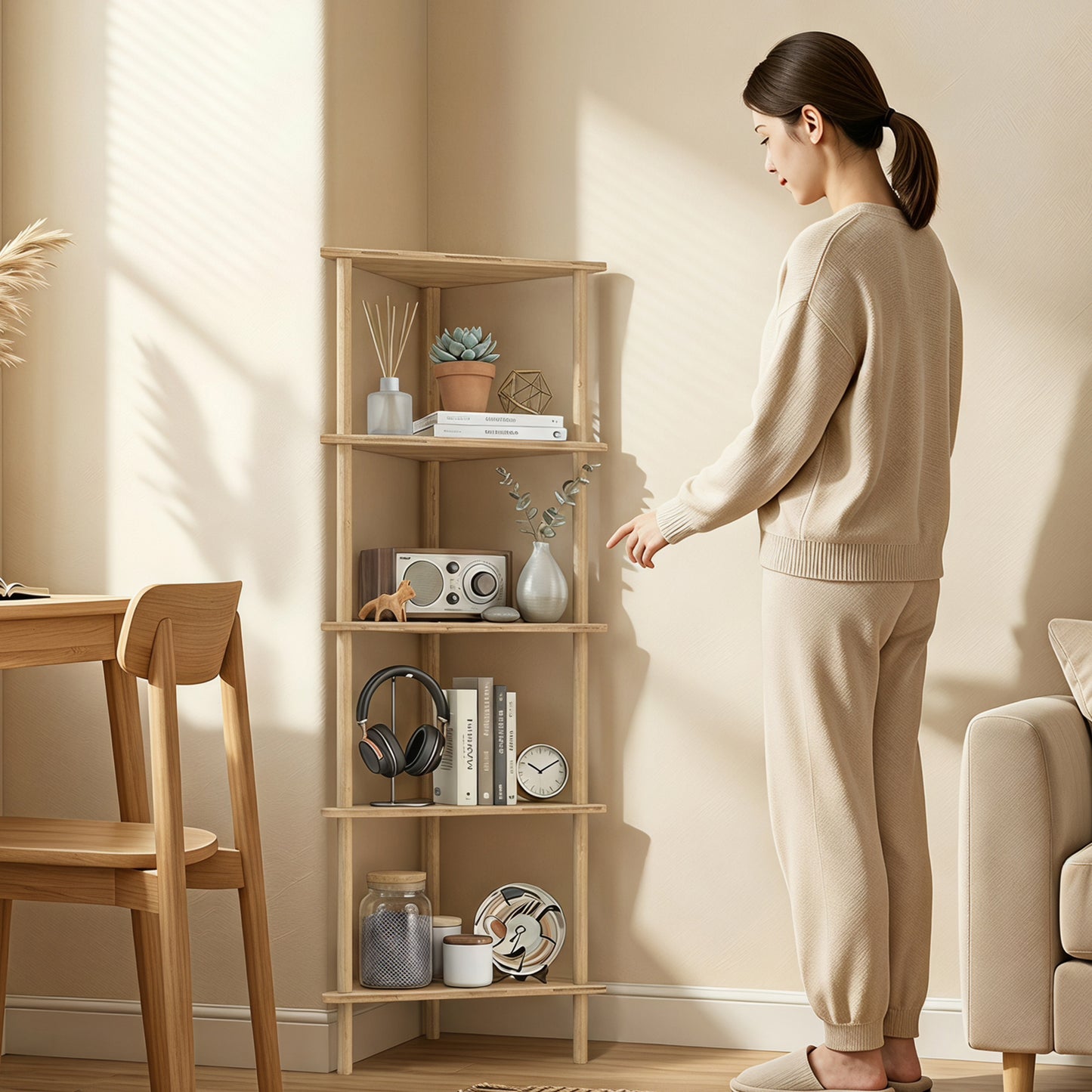 Bamboo Storage Shelf, 5-tier Corner Shelf, Freestanding Shelving Unit for Living Room, Home Office, Natural Wood Finish