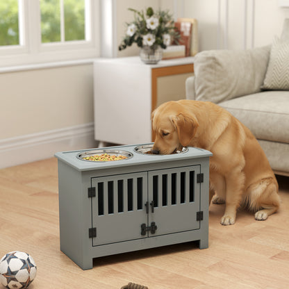 Raised Dog Bowls, Pet Feeding Station, with Storage, Food and Water Bowls, for Large Dogs - Grey