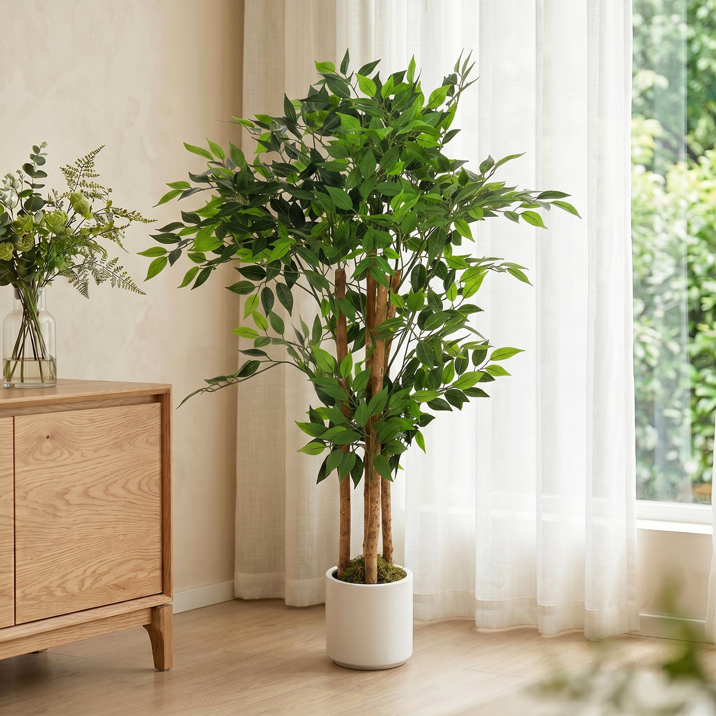 120cm Artificial Ficus Tree, Fake Potted Tree with Solid Wood Trunk and Pot for Indoor, Green