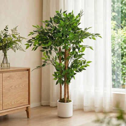120cm Artificial Ficus Tree, Fake Potted Tree with Solid Wood Trunk and Pot for Indoor, Green