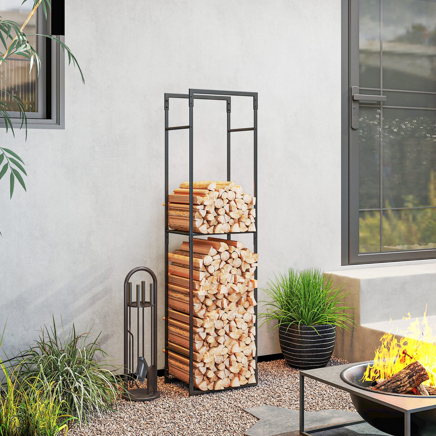 Metal Firewood Log Holder, Heavy Duty Firewood Rack with Adjustable Shelf, Indoor Outdoor Fireplace Wood Storage Shelf