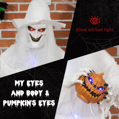 74 Inch Halloween Decorations White Witch Holding Pumpkin Head, Standing Skeleton Ghost Prop Life Size