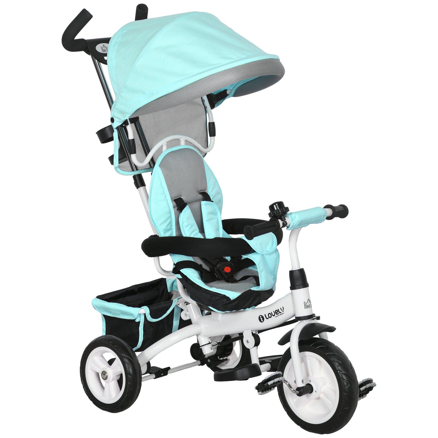 6 in 1 Kids Trike Push Bike w/ Push Handle, Canopy, 5-point Seat Belt, Storage, Footrest, Brake, for 1-5 Years, Green
