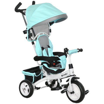 6 in 1 Kids Trike Push Bike w/ Push Handle, Canopy, 5-point Seat Belt, Storage, Footrest, Brake, for 1-5 Years, Green