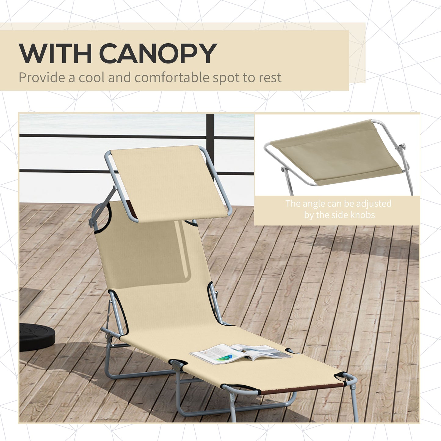 Folding Sun Lounger with Canopy, Reclining Sunbed with 4-Position Adjustable Backrest, 600D Oxford Cloth