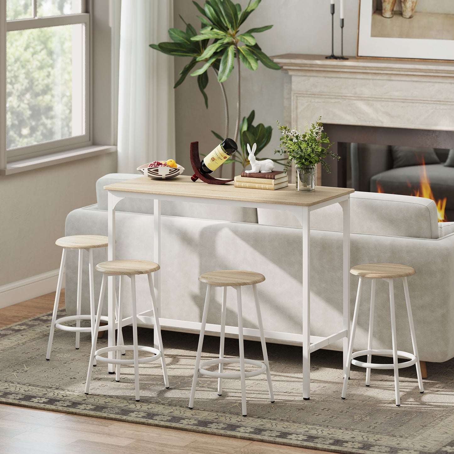 5 Piece Bar Table Set for 4 with Stools, Metal Frame, Footrest for Kitchen Natural Wood