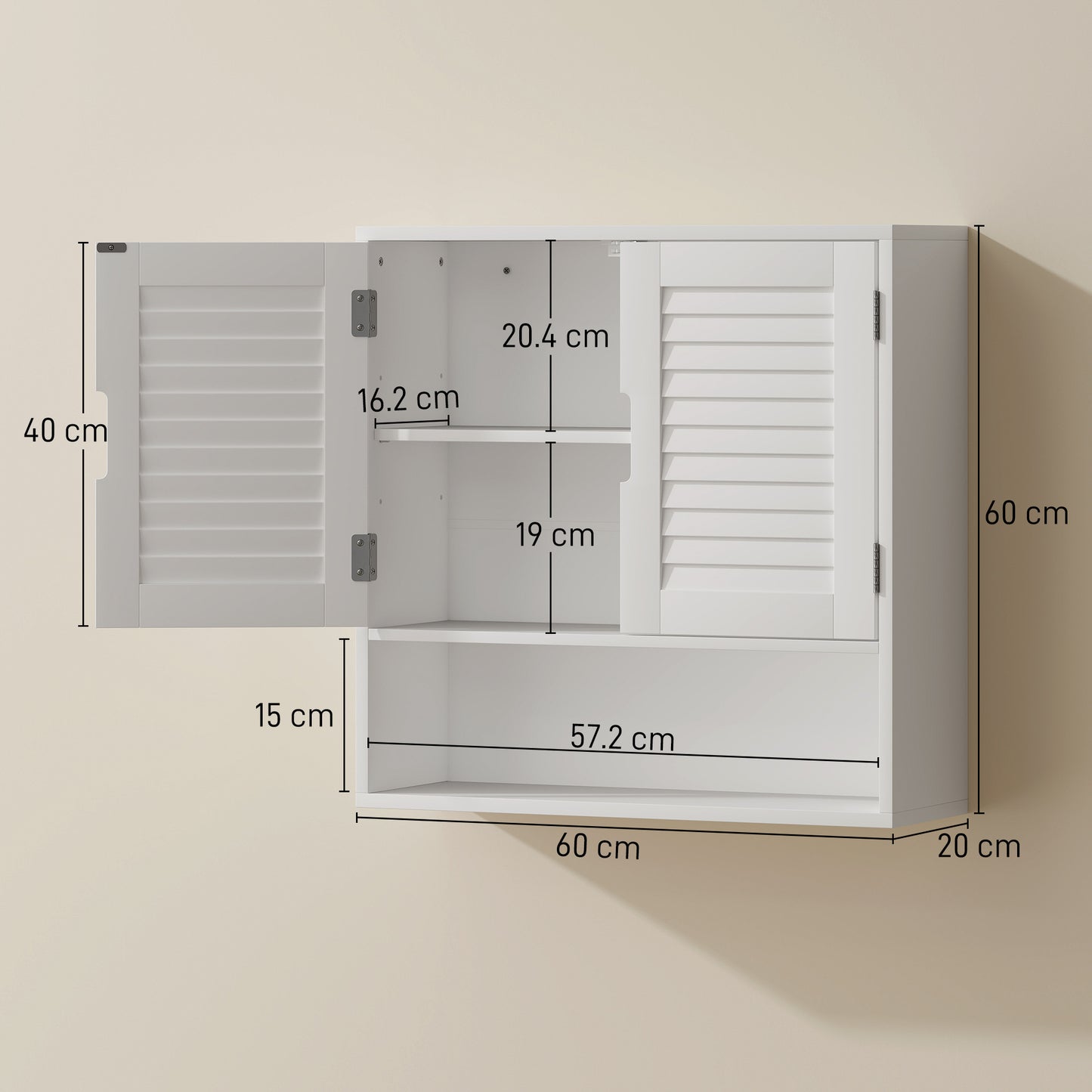 Bathroom Cabinet, Wall Mounted Storage Cabinet with Adjustable Shelves, 60 x 20 x 60 cm, White