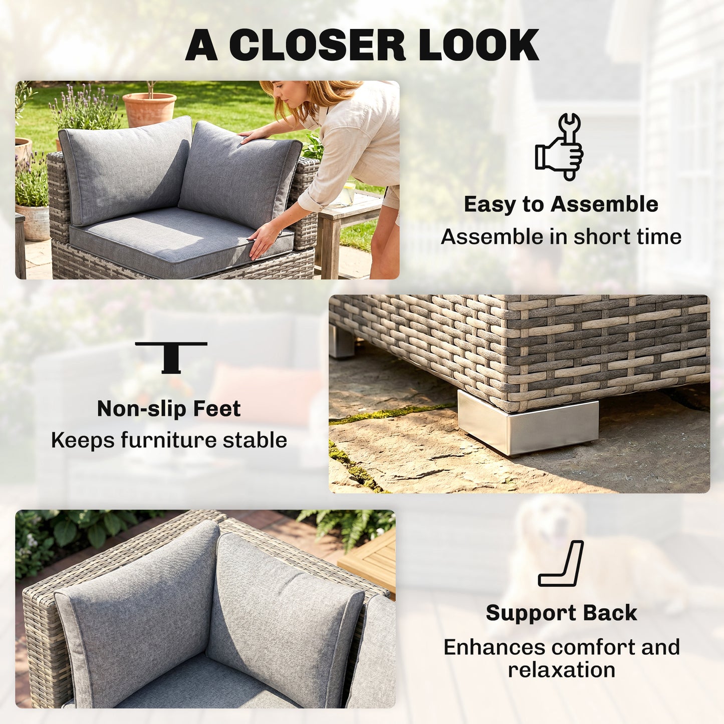 Outdoor PE Rattan Corner Sofa, Garden Wicker Furniture Single Sofa Chair w/ Cushions, Light Grey