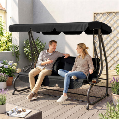 Three-Person garden Swing Chair, with Adjustable Canopy - Black