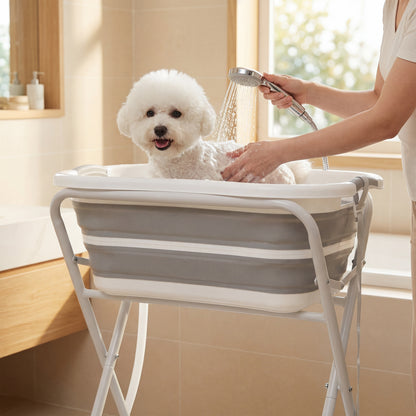 Dog Bath Tub, Portable Foldable Dog Bathtub with Stand, Drainage Hole, for Small Dogs Puppies Grey