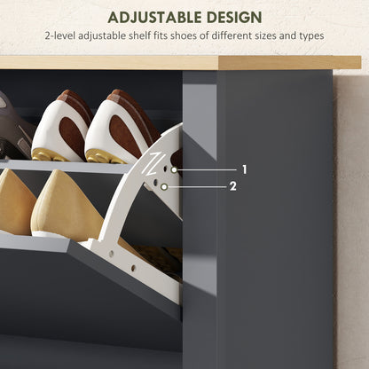 Slim Shoe Cabinet, Narrow Shoe Cupboard with 2 Flip Drawers, Adjustable Shelves for 12 Pairs of Shoes, Charcoal Grey
