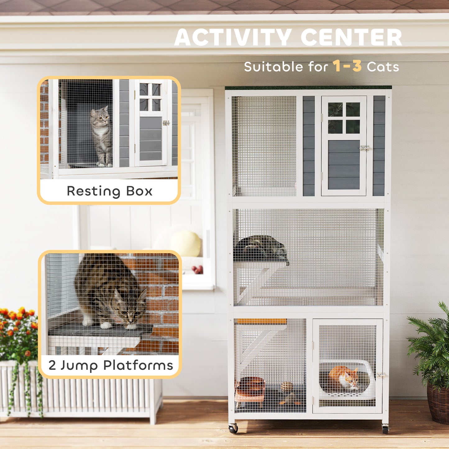 Wooden Catio Cat Outdoor Enclosure, Cat Cage with Waterproof Roof, Platforms, for Multiple Cats, White