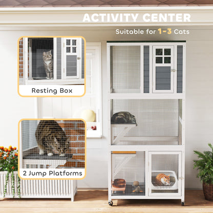 Wooden Catio Cat Outdoor Enclosure, Cat Cage with Waterproof Roof, Platforms, for Multiple Cats, White