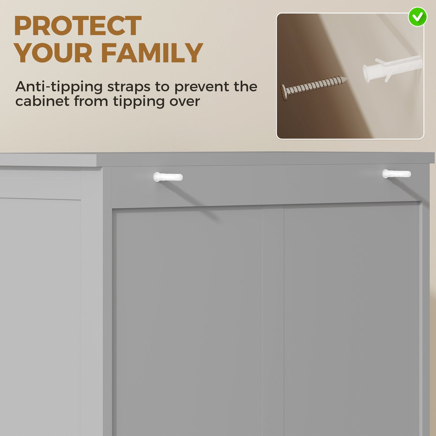 Freestanding Kitchen Cupboard, Storage Cabinet with 2 Adjustable Shelves, Drawer and Glass Door for Living Room, Grey