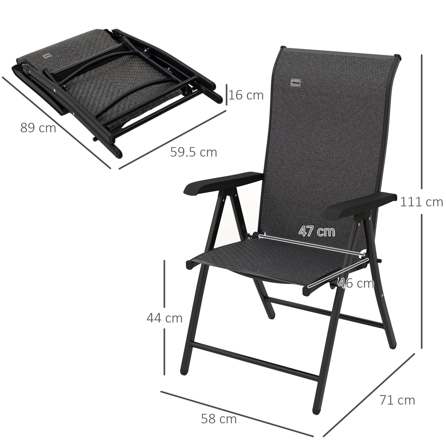 Set of Two Folding Garden Chairs, with Seven-Position Adjustable Backs - Grey