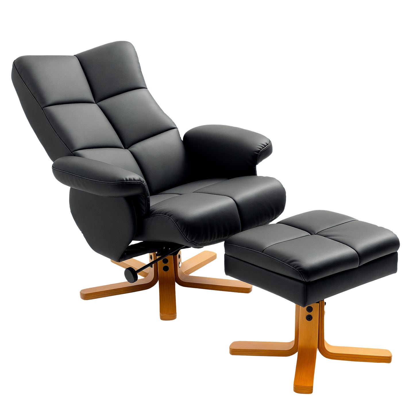 PU Leather Swivel Recliner Chair with Footstool, Wooden Base and Storage for Living Room, Black
