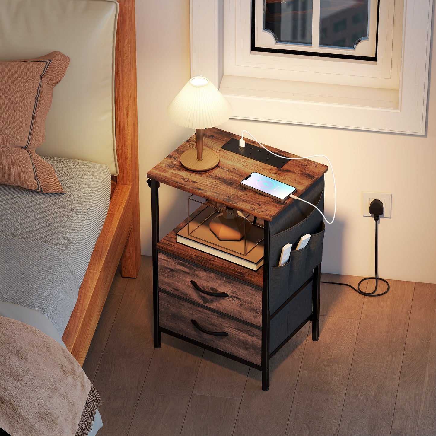 Bedside Table with Charging Station - Rustic Brown